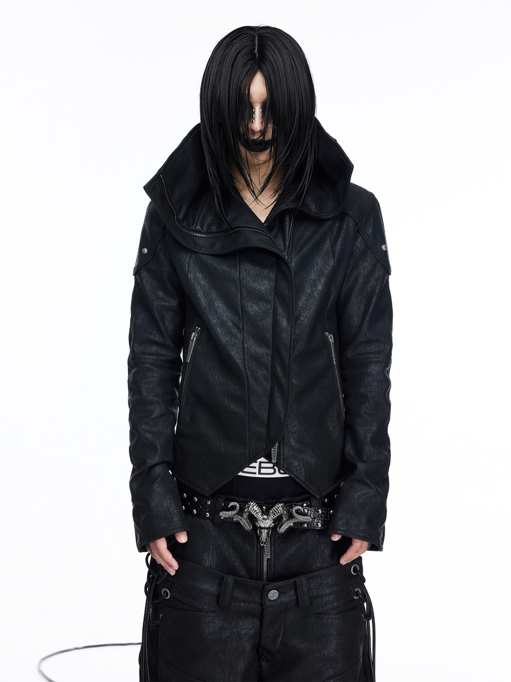 Paneled Stand‑Collar Slim‑Fit Drawstring Zip Leather Jacket