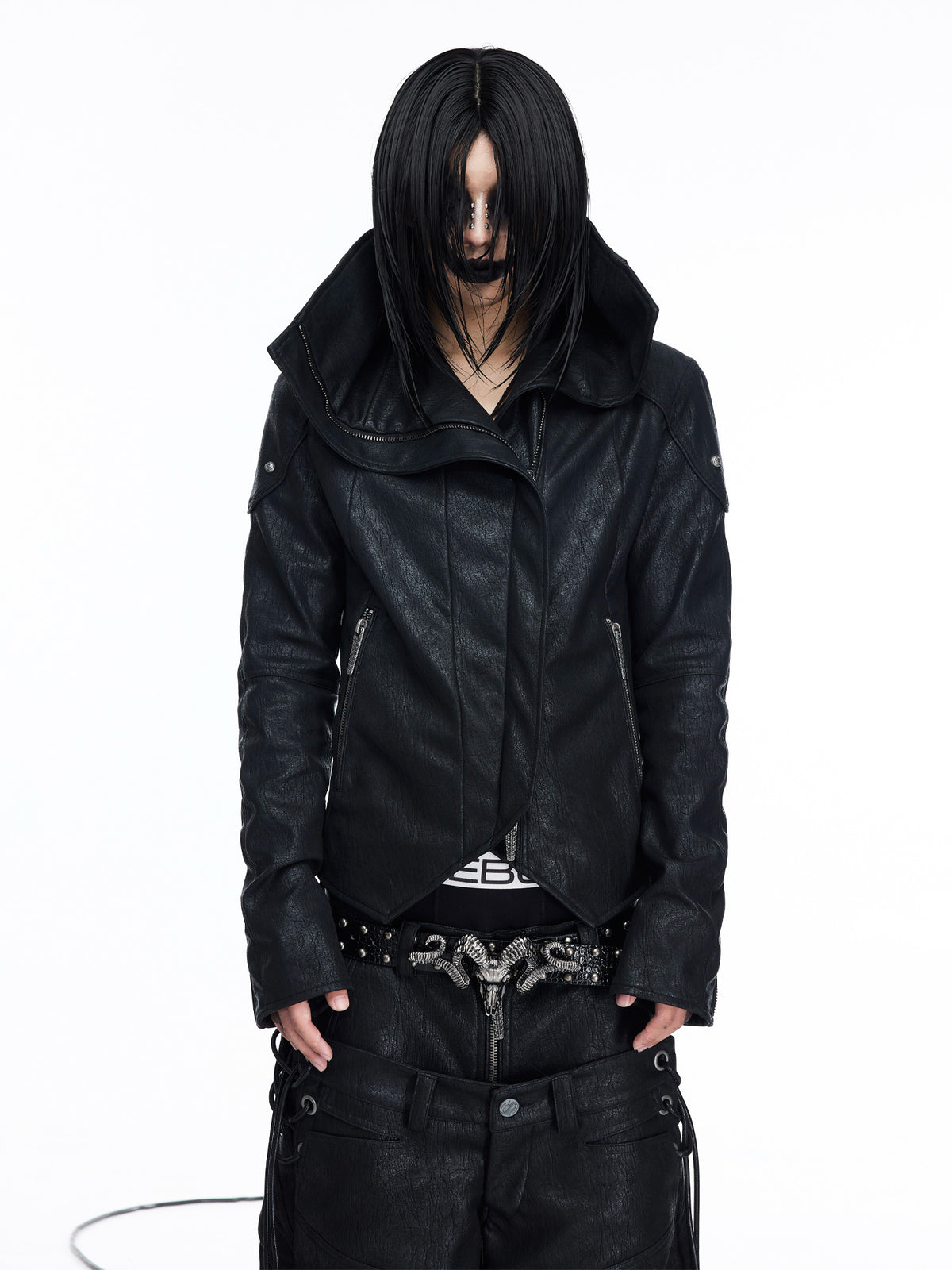 Paneled Stand‑Collar Slim‑Fit Drawstring Zip Leather Jacket