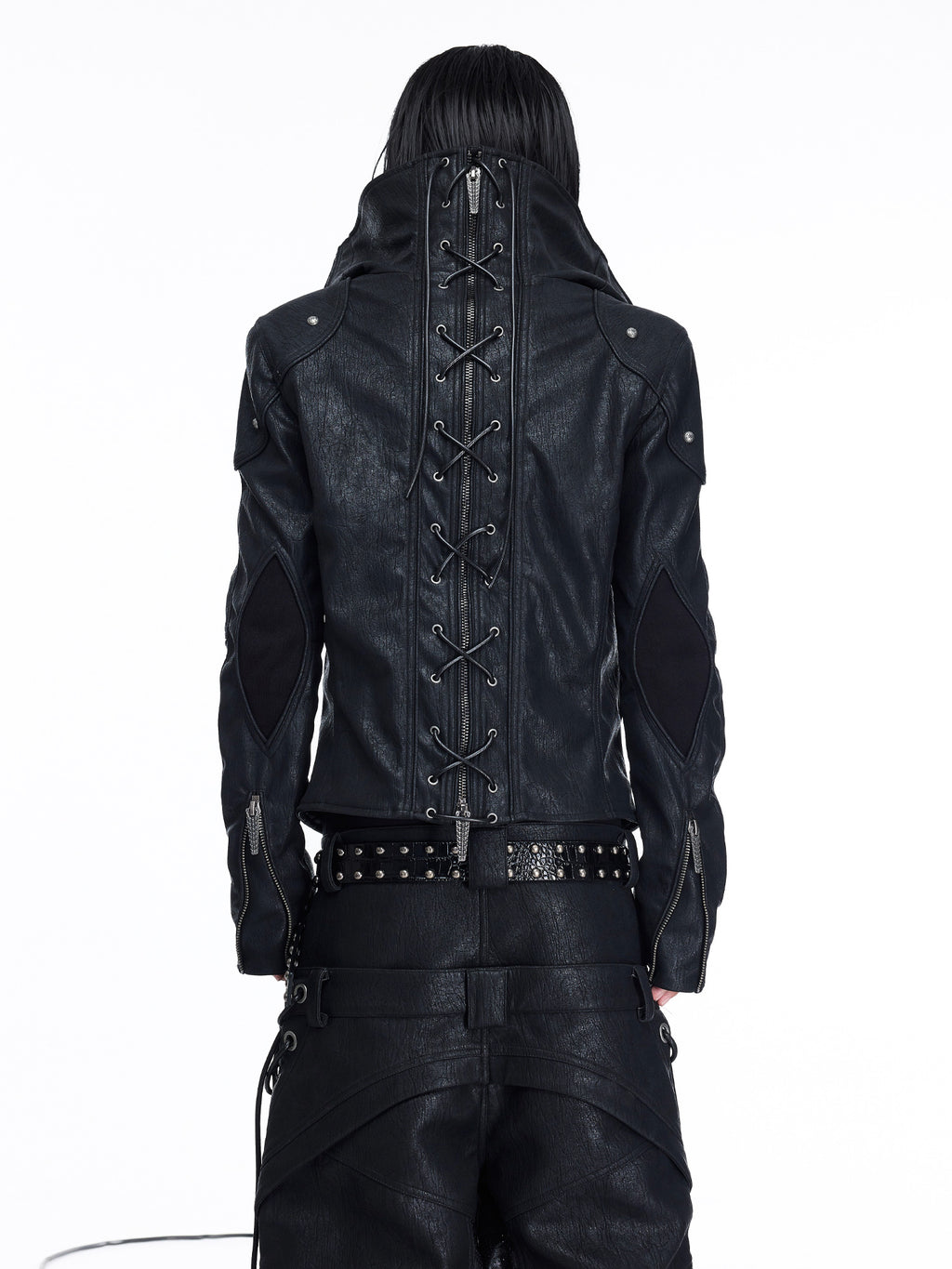 Paneled Stand‑Collar Slim‑Fit Drawstring Zip Leather Jacket