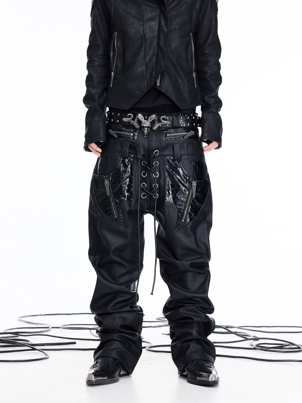 Coated Leather‑Paneled Multi‑Zip Straight‑Leg Jeans