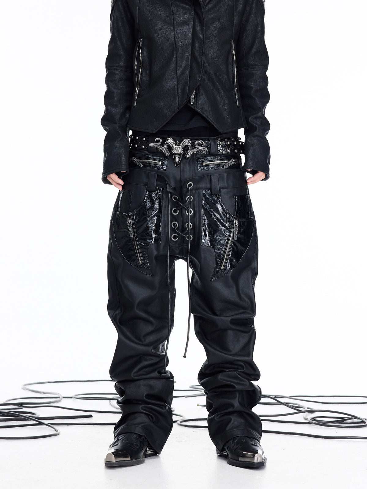 Coated Leather‑Paneled Multi‑Zip Straight‑Leg Jeans