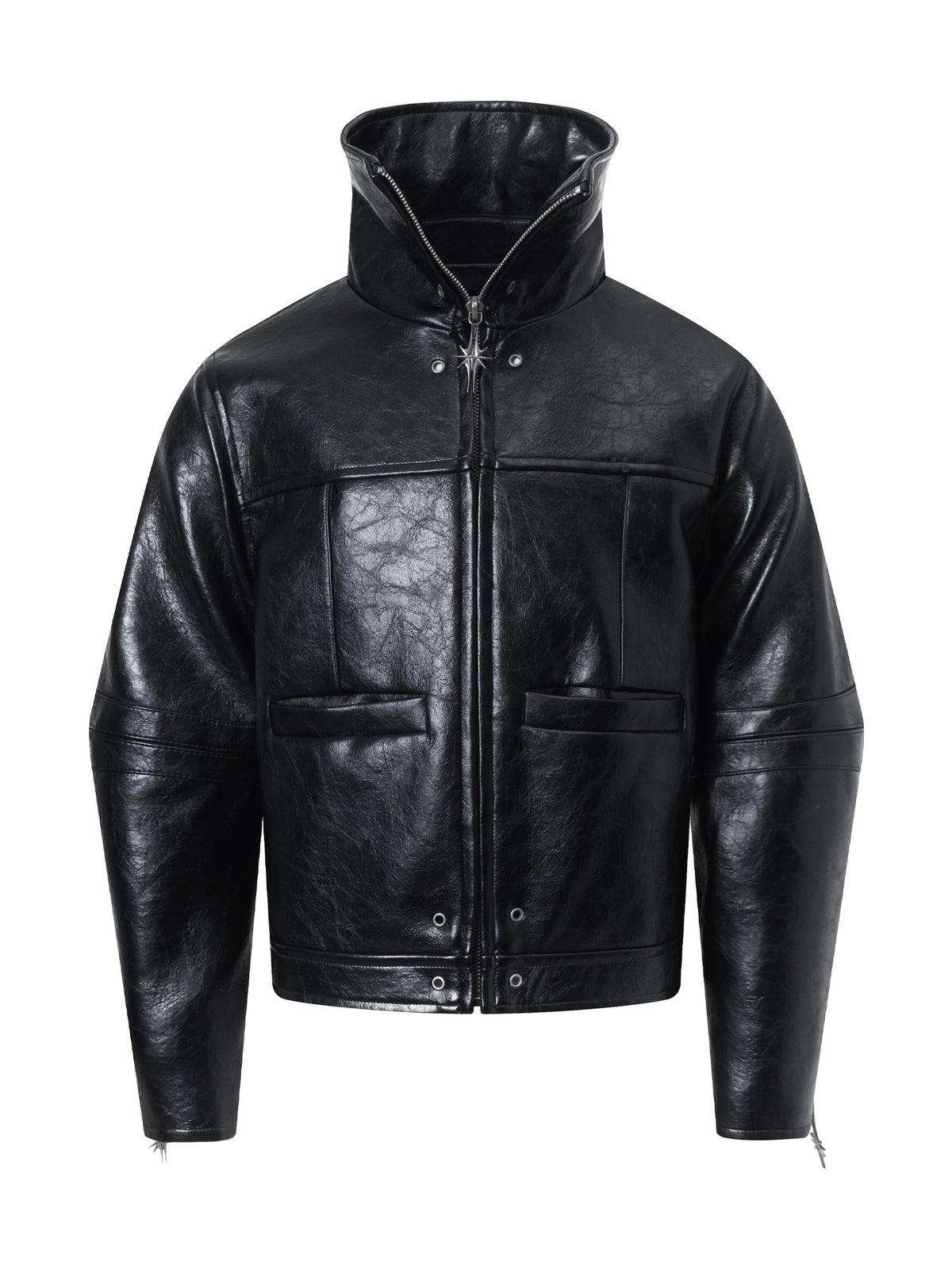 Crackled‑Finish Stand‑Collar Asymmetric‑Cut PU Faux Leather Jacket