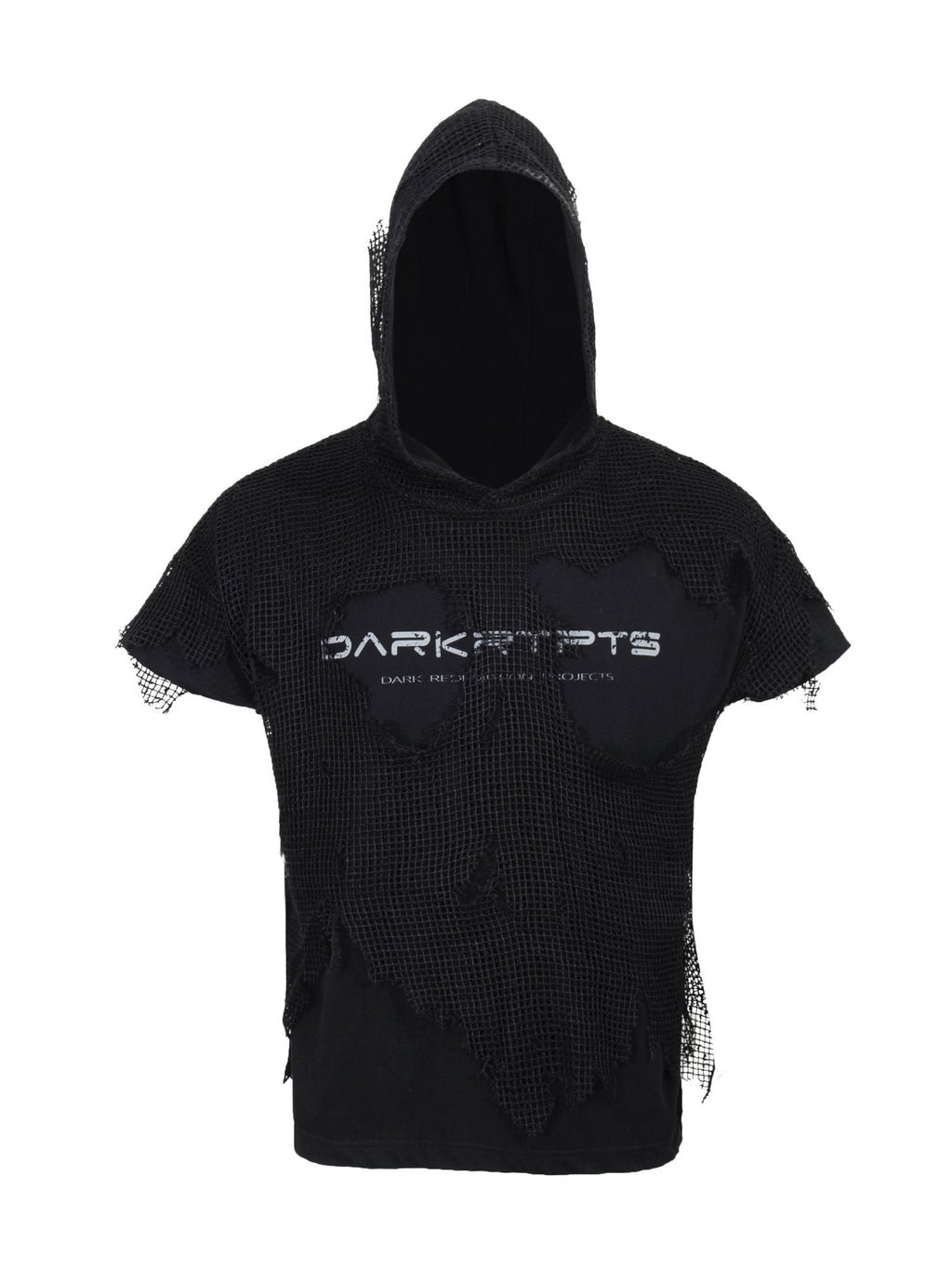 Distressed Mesh Layered Hooded Short‑Sleeve Top