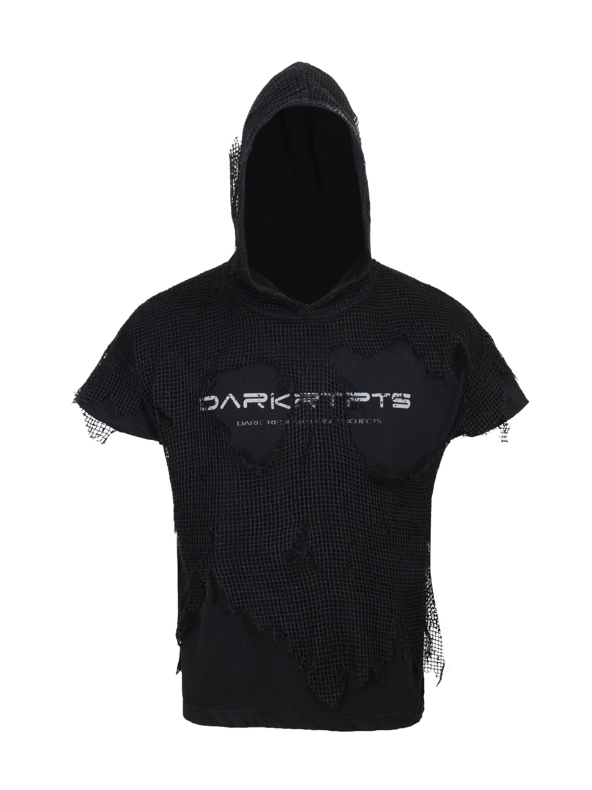 Distressed Mesh Layered Hooded Short‑Sleeve Top