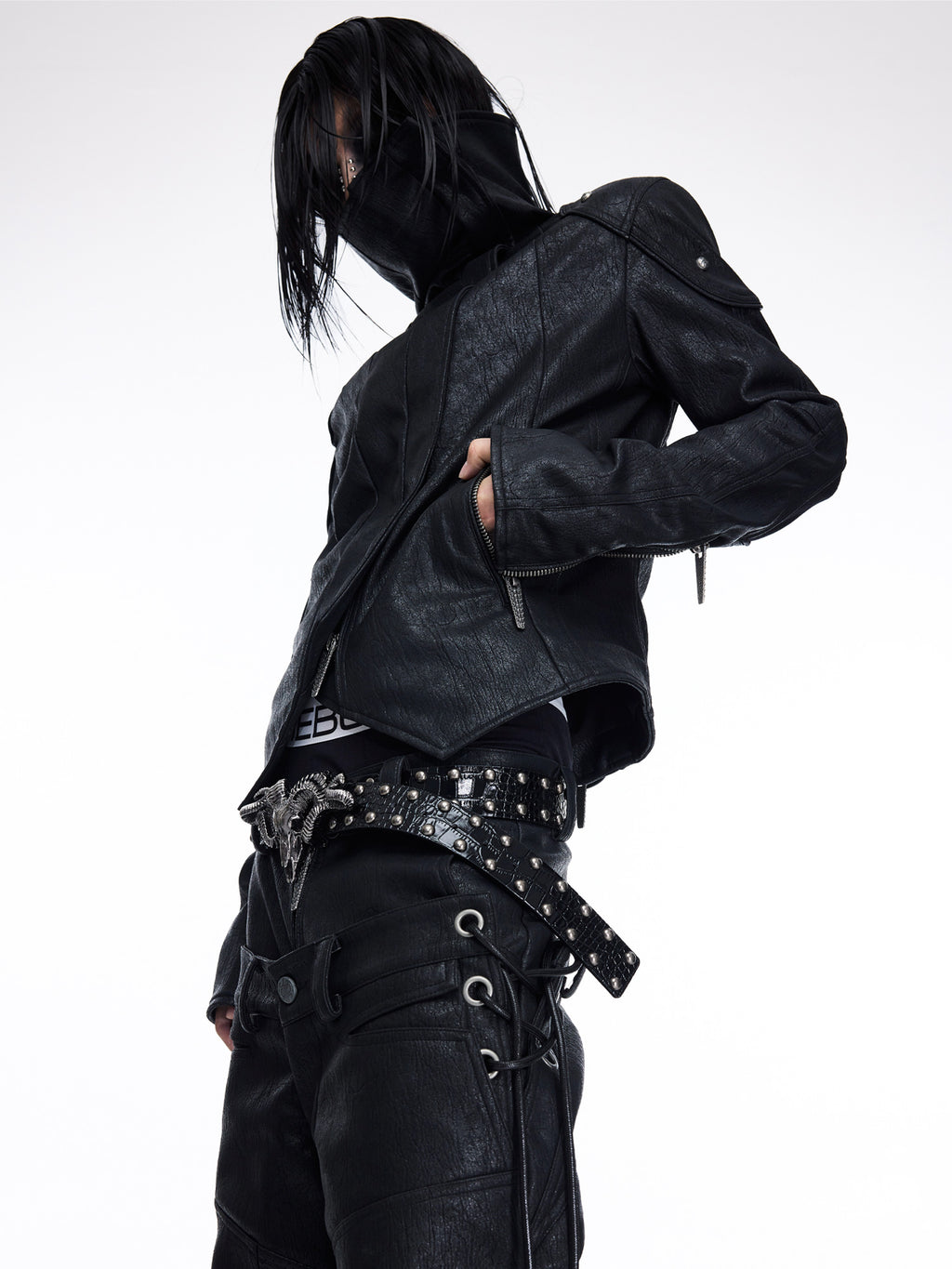 Paneled Stand‑Collar Slim‑Fit Drawstring Zip Leather Jacket