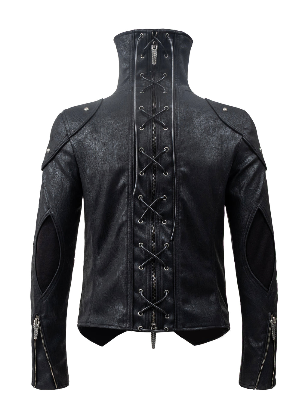 Paneled Stand‑Collar Slim‑Fit Drawstring Zip Leather Jacket
