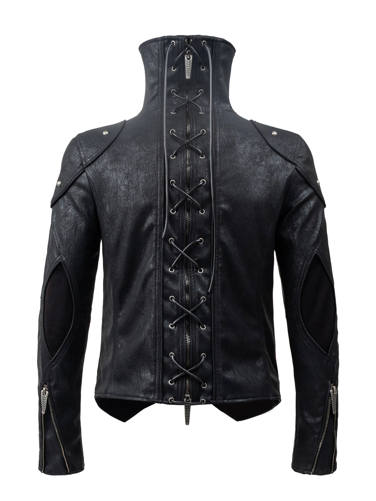 Paneled Stand‑Collar Slim‑Fit Drawstring Zip Leather Jacket
