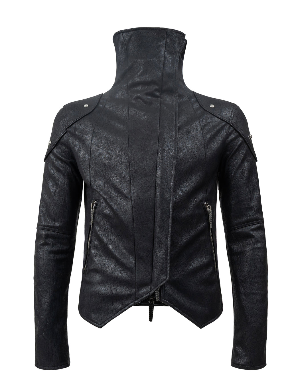 Paneled Stand‑Collar Slim‑Fit Drawstring Zip Leather Jacket