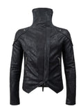 Paneled Stand‑Collar Slim‑Fit Drawstring Zip Leather Jacket