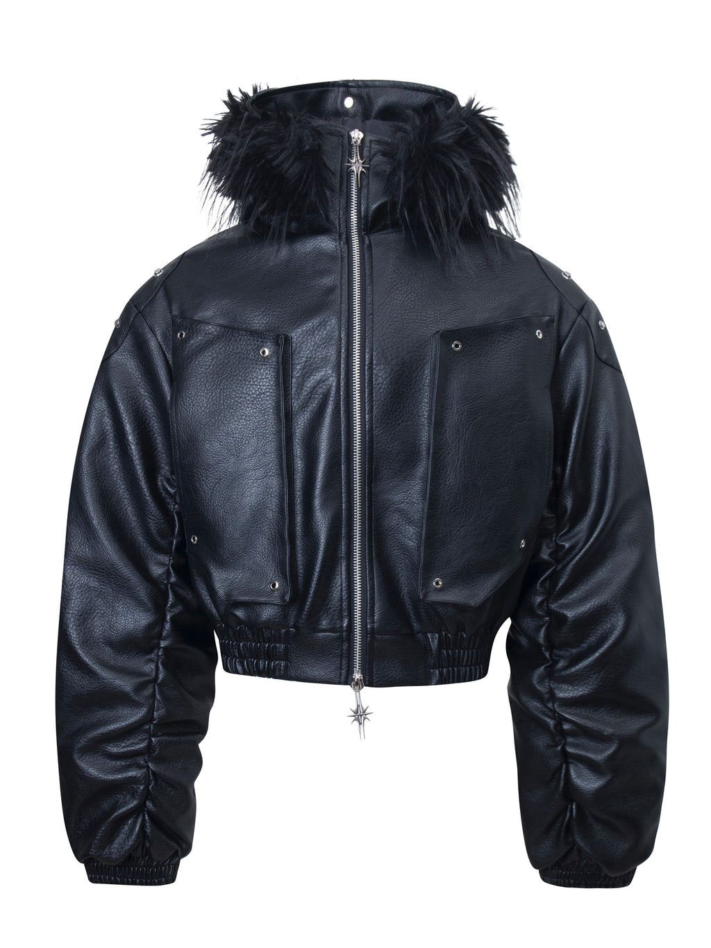 Detachable‑Fur‑Collar Ruched Hooded Thick Padded Jacket