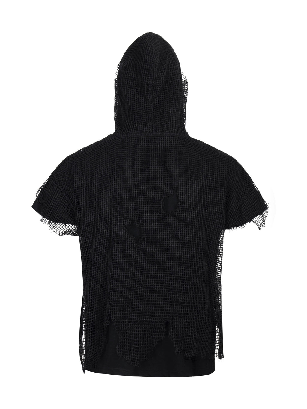 Distressed Mesh Layered Hooded Short‑Sleeve Top