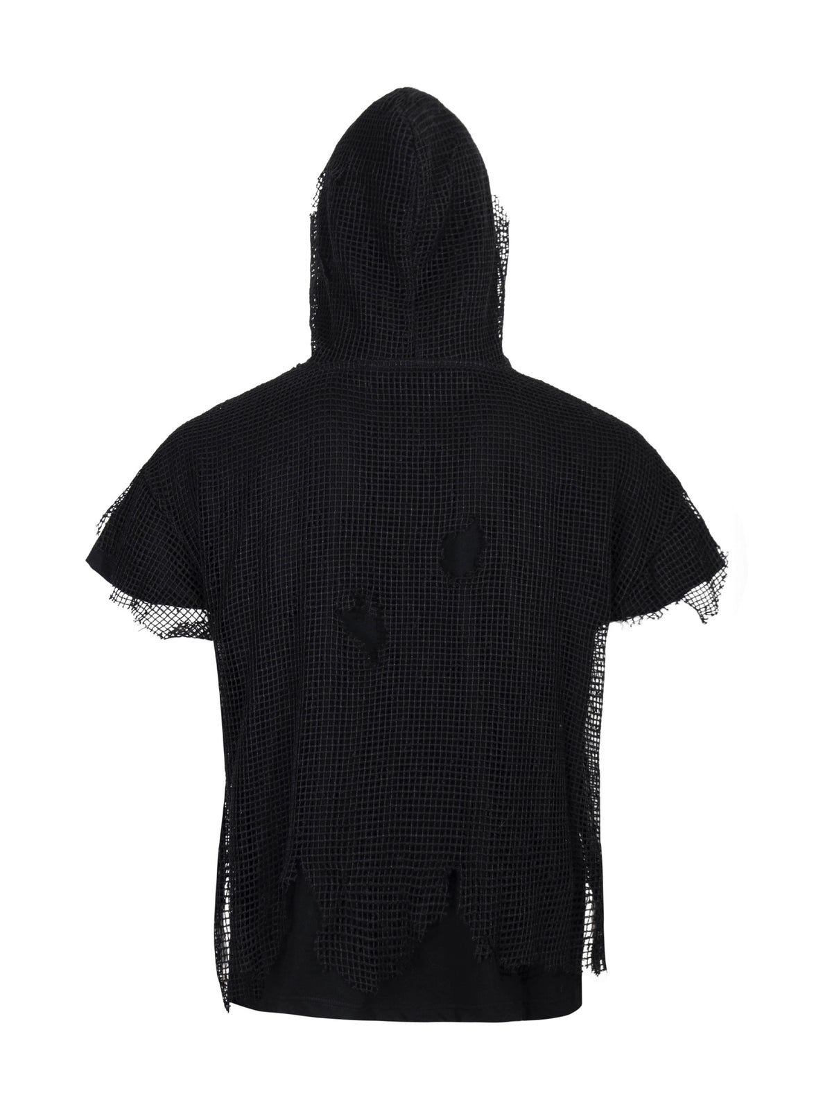 Distressed Mesh Layered Hooded Short‑Sleeve Top