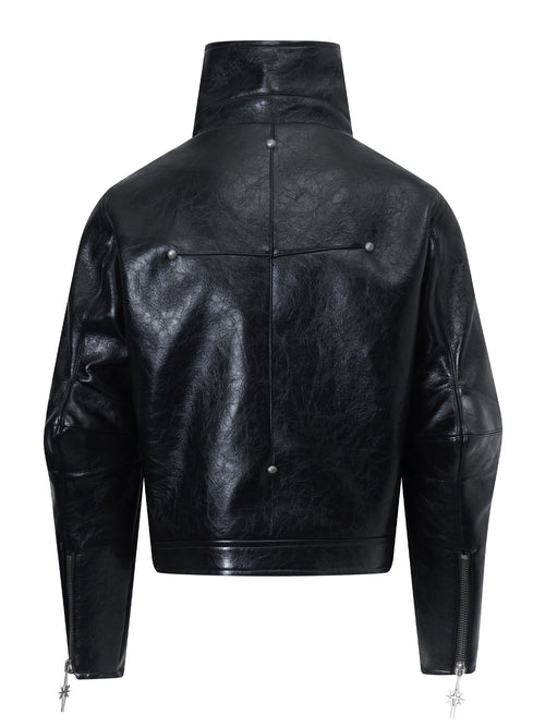 Crackled‑Finish Stand‑Collar Asymmetric‑Cut PU Faux Leather Jacket