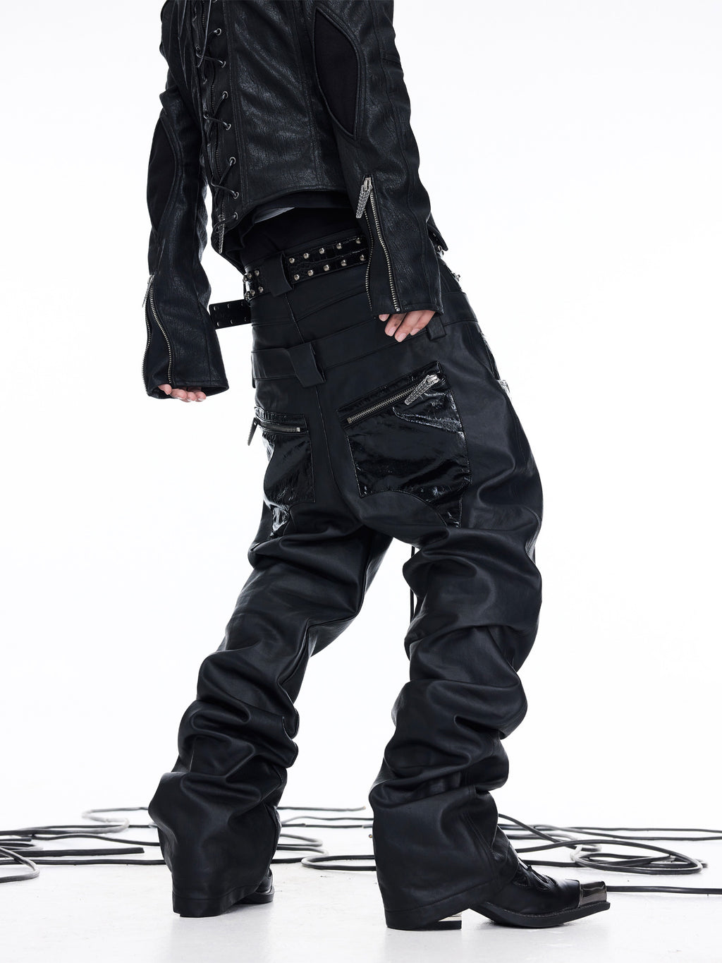 Coated Leather‑Paneled Multi‑Zip Straight‑Leg Jeans