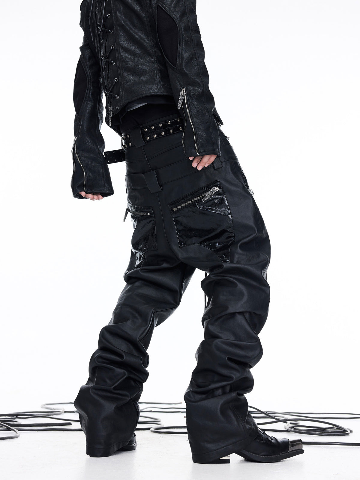 Coated Leather‑Paneled Multi‑Zip Straight‑Leg Jeans