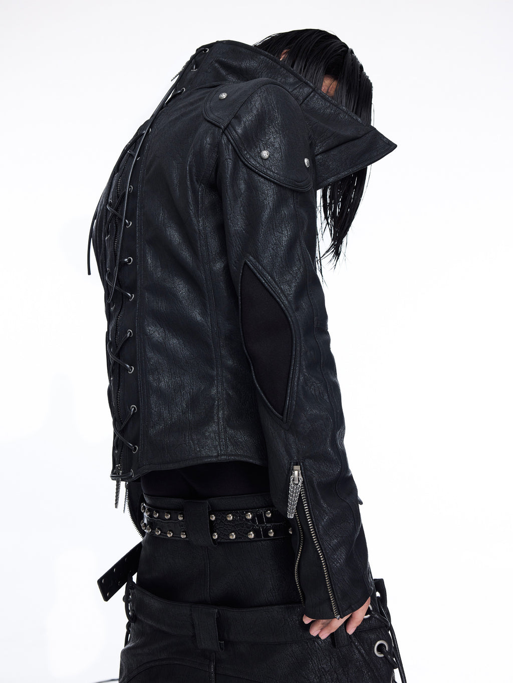 Paneled Stand‑Collar Slim‑Fit Drawstring Zip Leather Jacket
