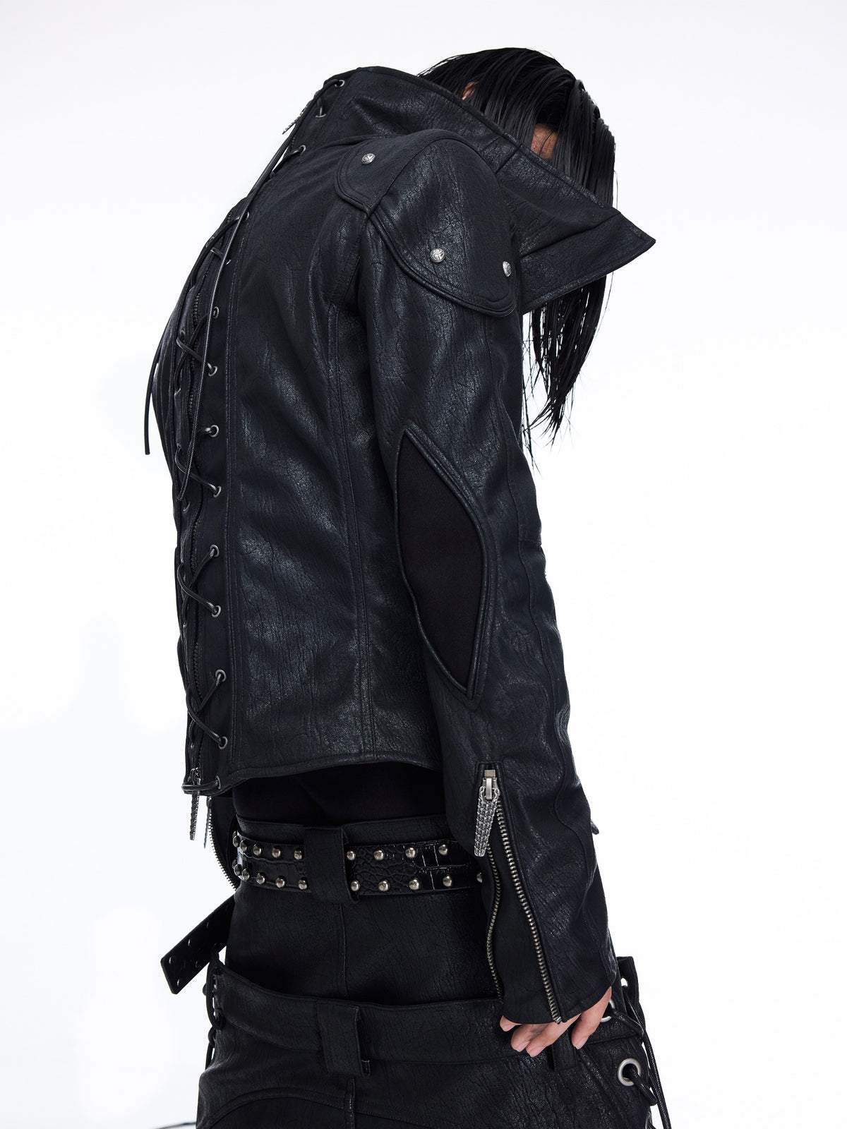 Paneled Stand‑Collar Slim‑Fit Drawstring Zip Leather Jacket