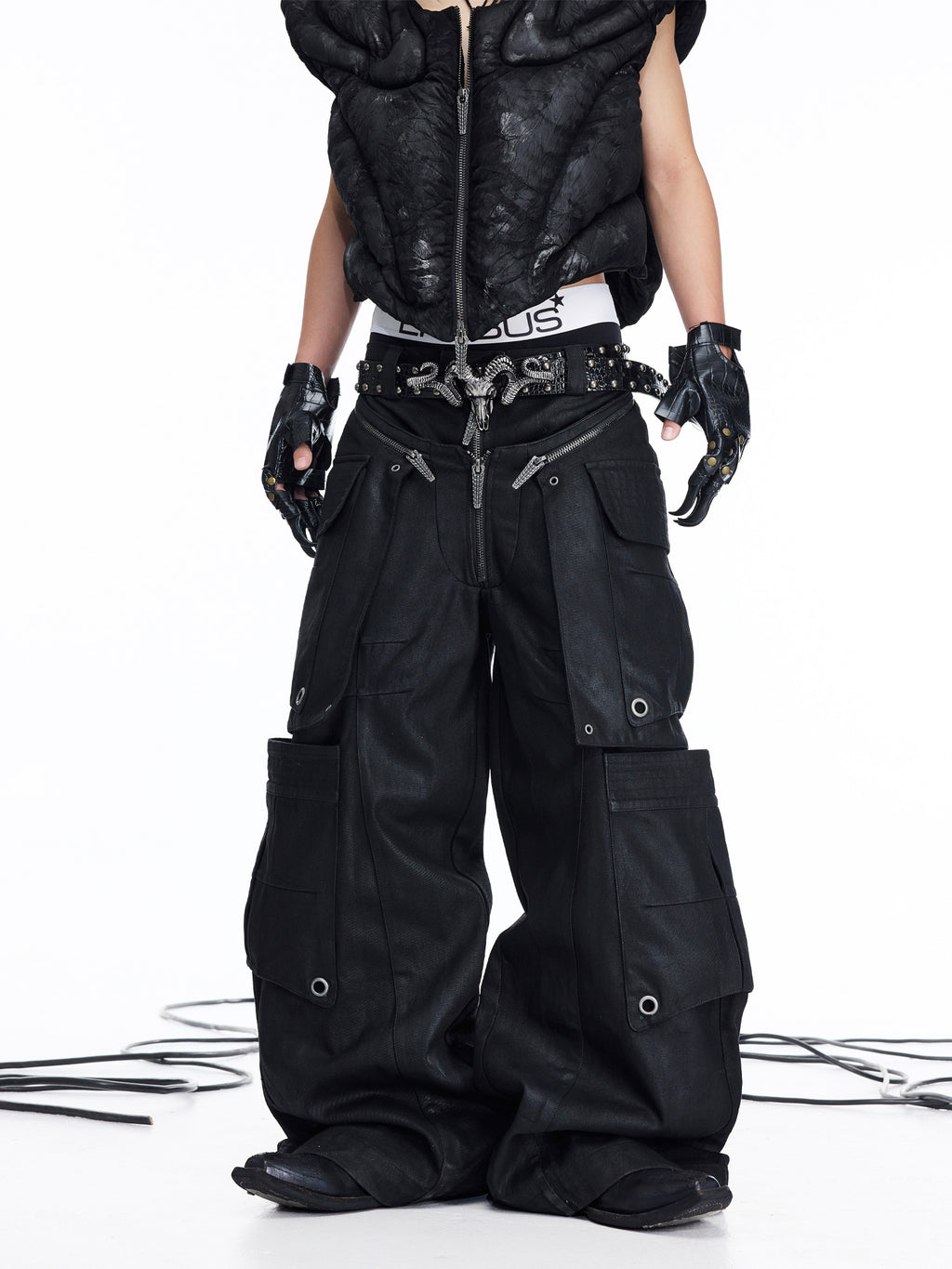 Detachable Skirt‑Overlay Dual‑Waist Waxed Wide‑Leg Jeans