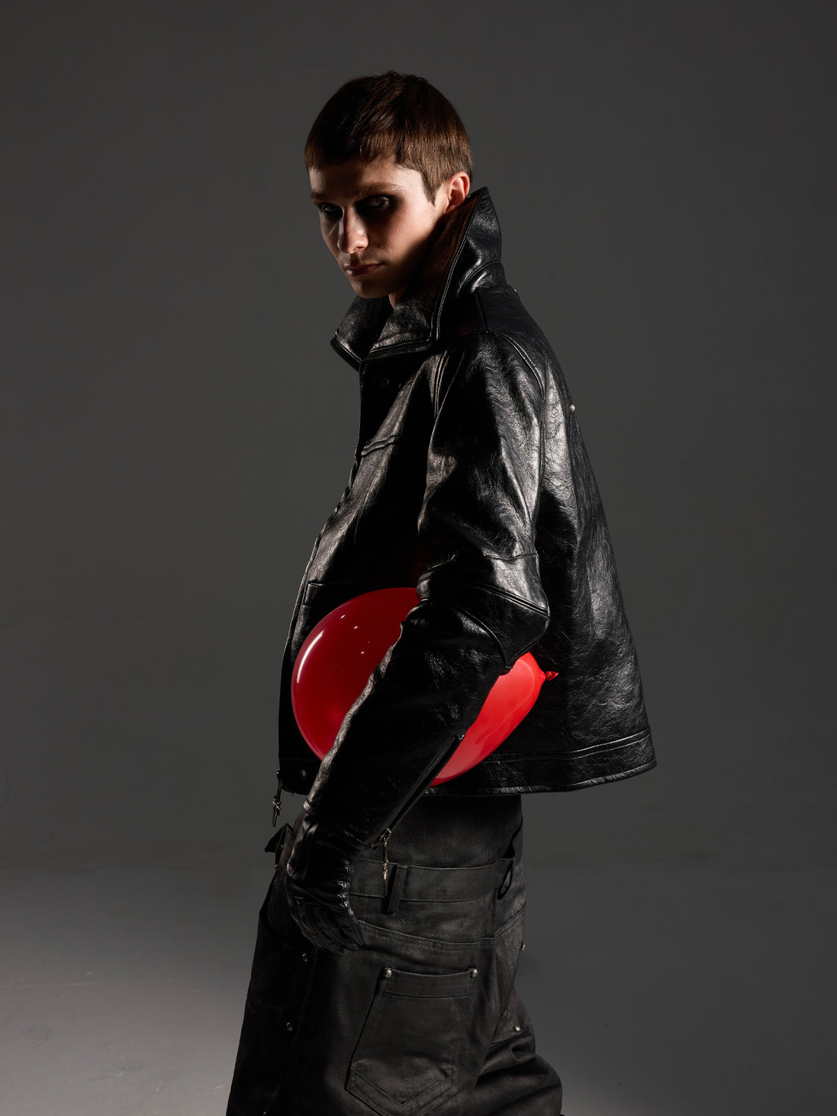 Crackled‑Finish Stand‑Collar Asymmetric‑Cut PU Faux Leather Jacket