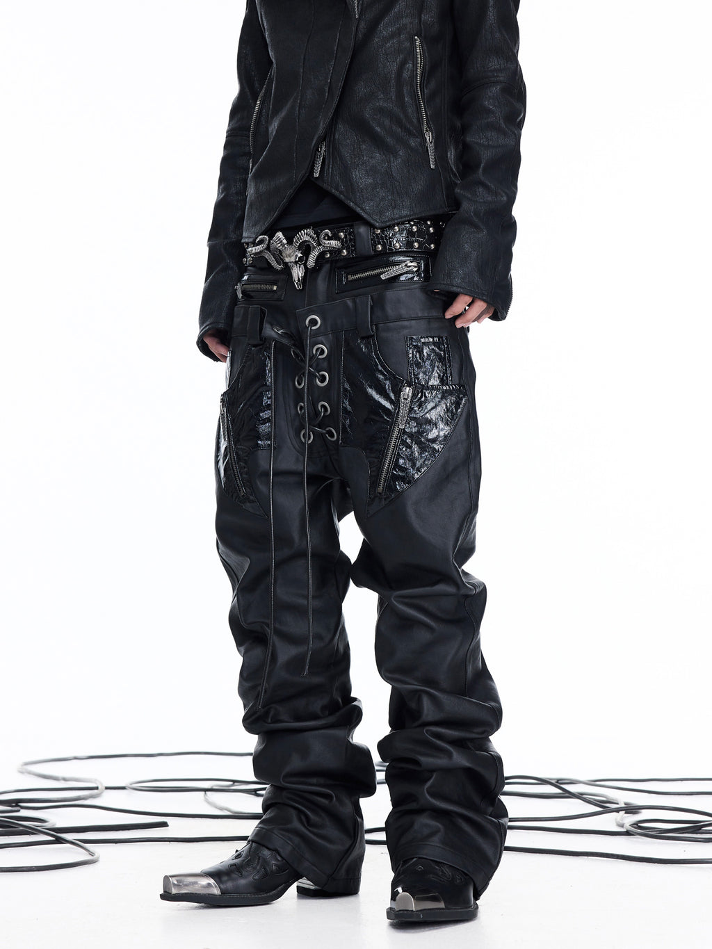 Coated Leather‑Paneled Multi‑Zip Straight‑Leg Jeans