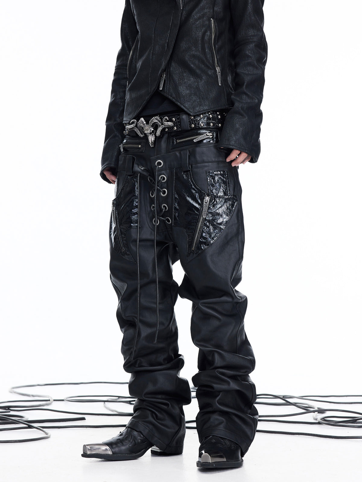 Coated Leather‑Paneled Multi‑Zip Straight‑Leg Jeans