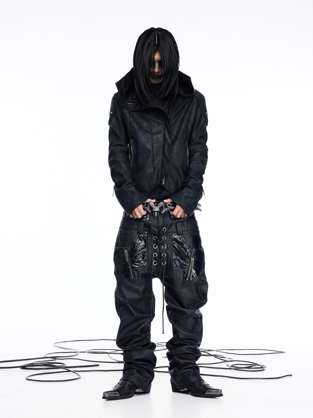 Paneled Stand‑Collar Slim‑Fit Drawstring Zip Leather Jacket