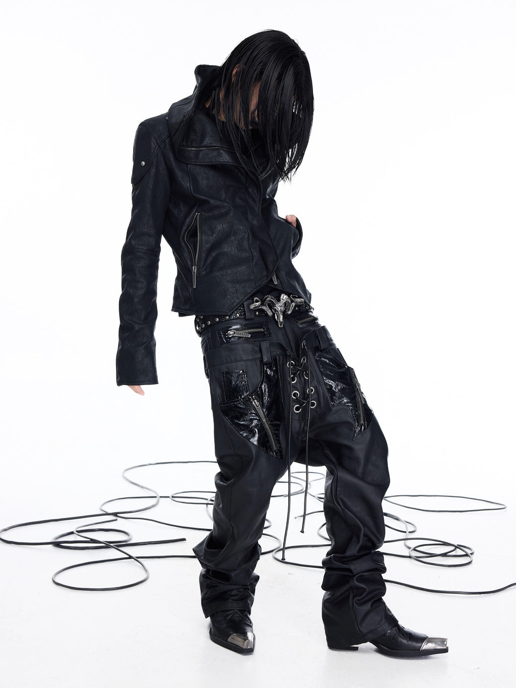 Coated Leather‑Paneled Multi‑Zip Straight‑Leg Jeans