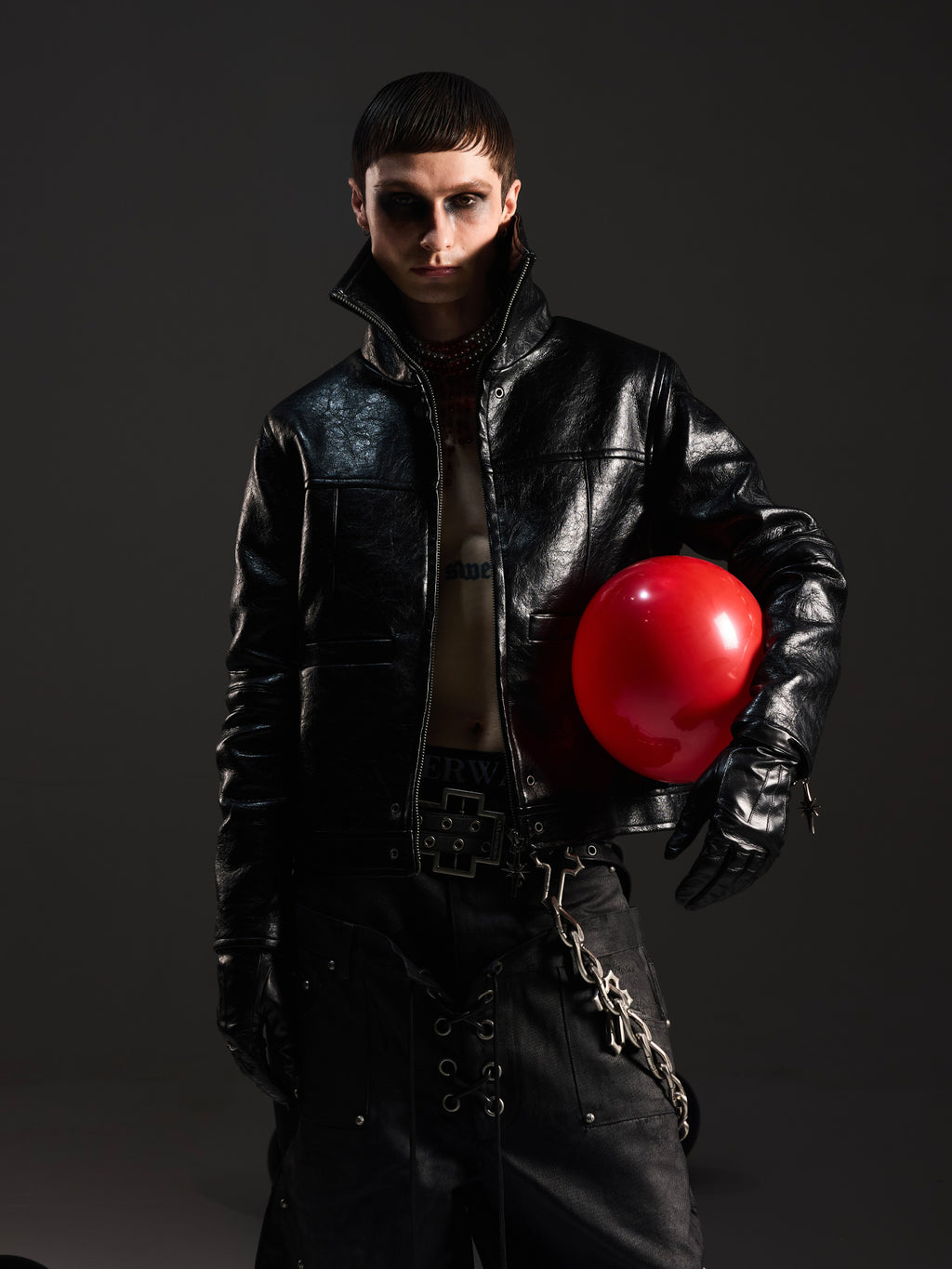 Crackled‑Finish Stand‑Collar Asymmetric‑Cut PU Faux Leather Jacket