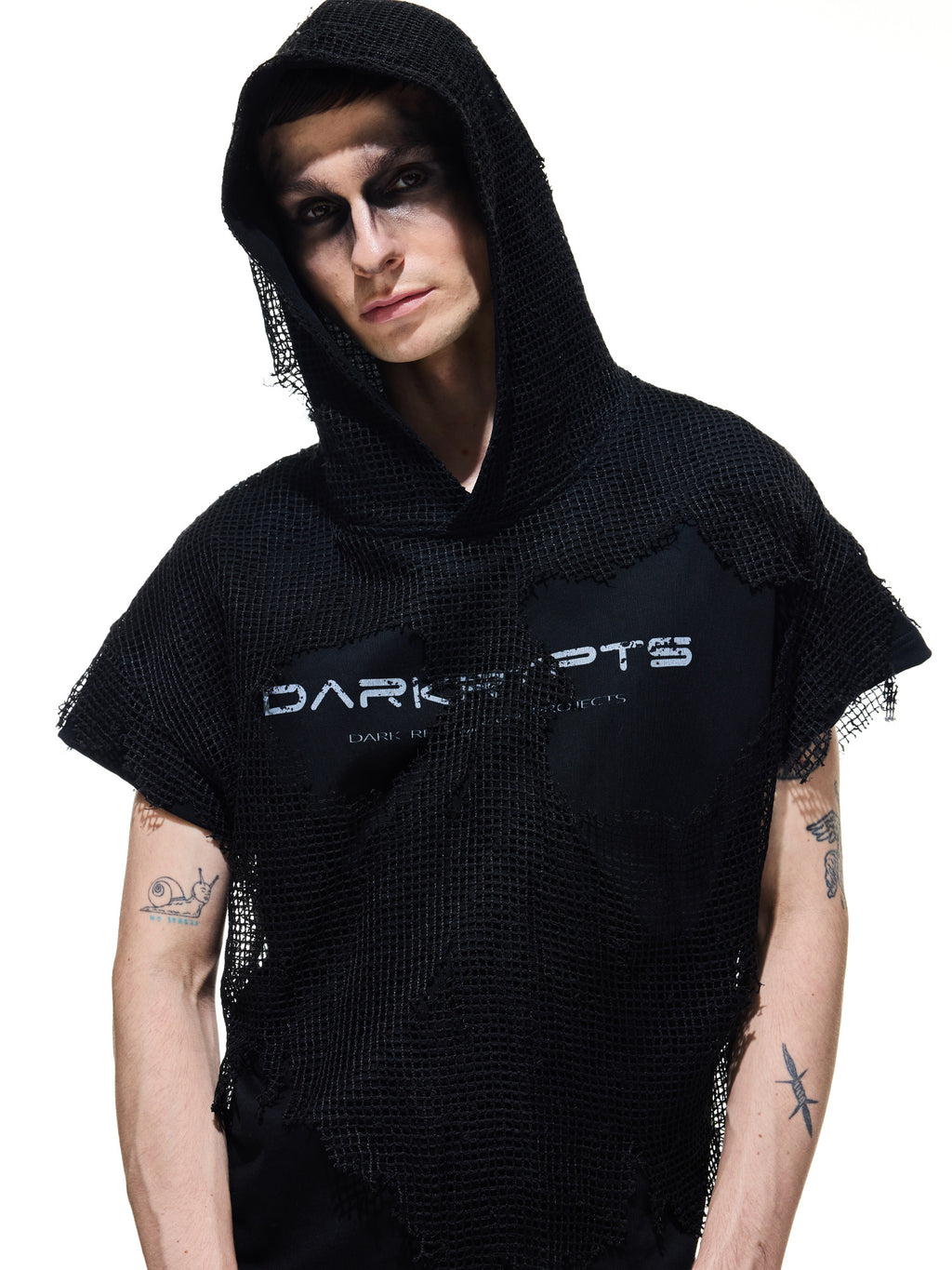Distressed Mesh Layered Hooded Short‑Sleeve Top