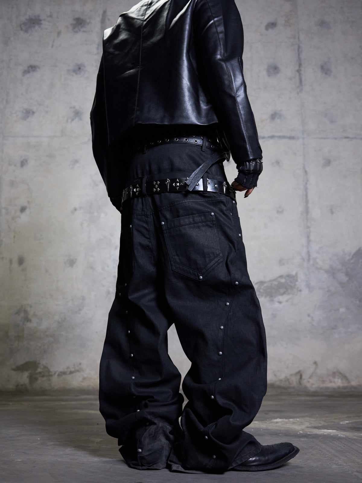 Dual‑Waist Waxed Studded Jeans