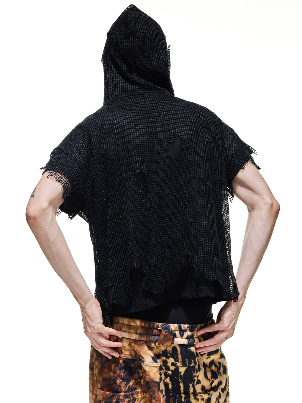 Distressed Mesh Layered Hooded Short‑Sleeve Top