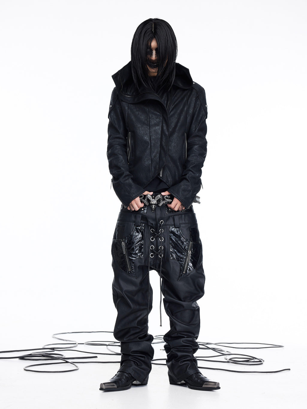 Coated Leather‑Paneled Multi‑Zip Straight‑Leg Jeans