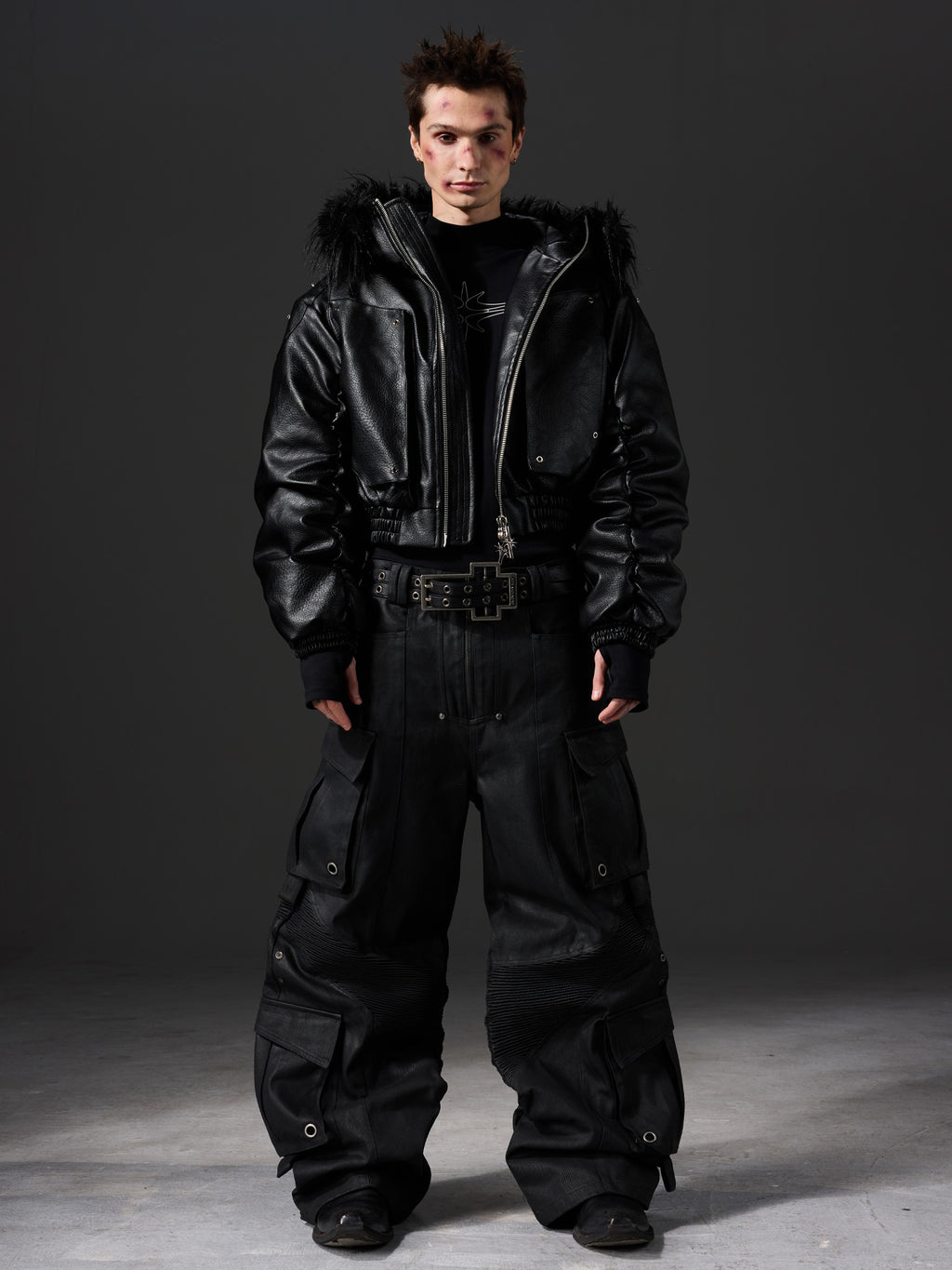 Waxed Structured Pocket‑Detailed Cargo Jeans