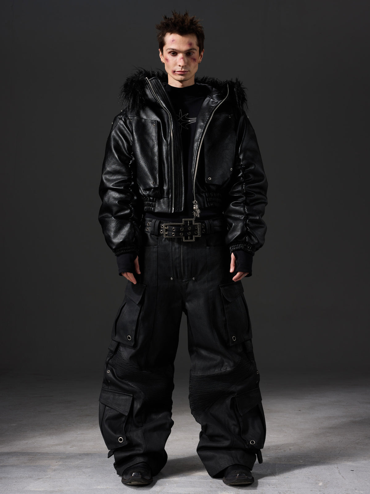 Waxed Structured Pocket‑Detailed Cargo Jeans