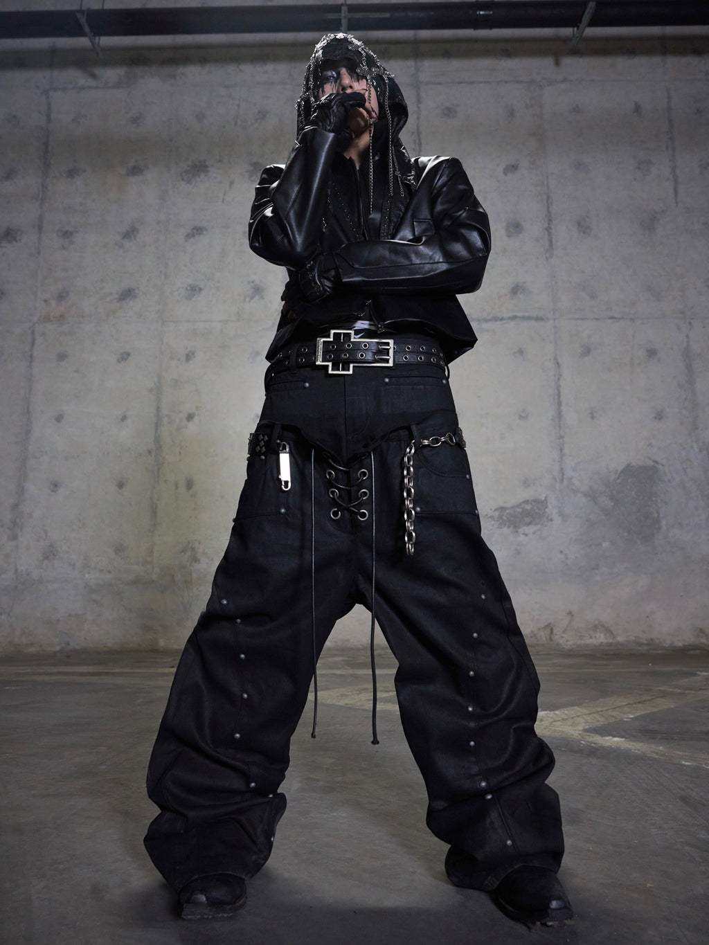 Dual‑Waist Waxed Studded Jeans
