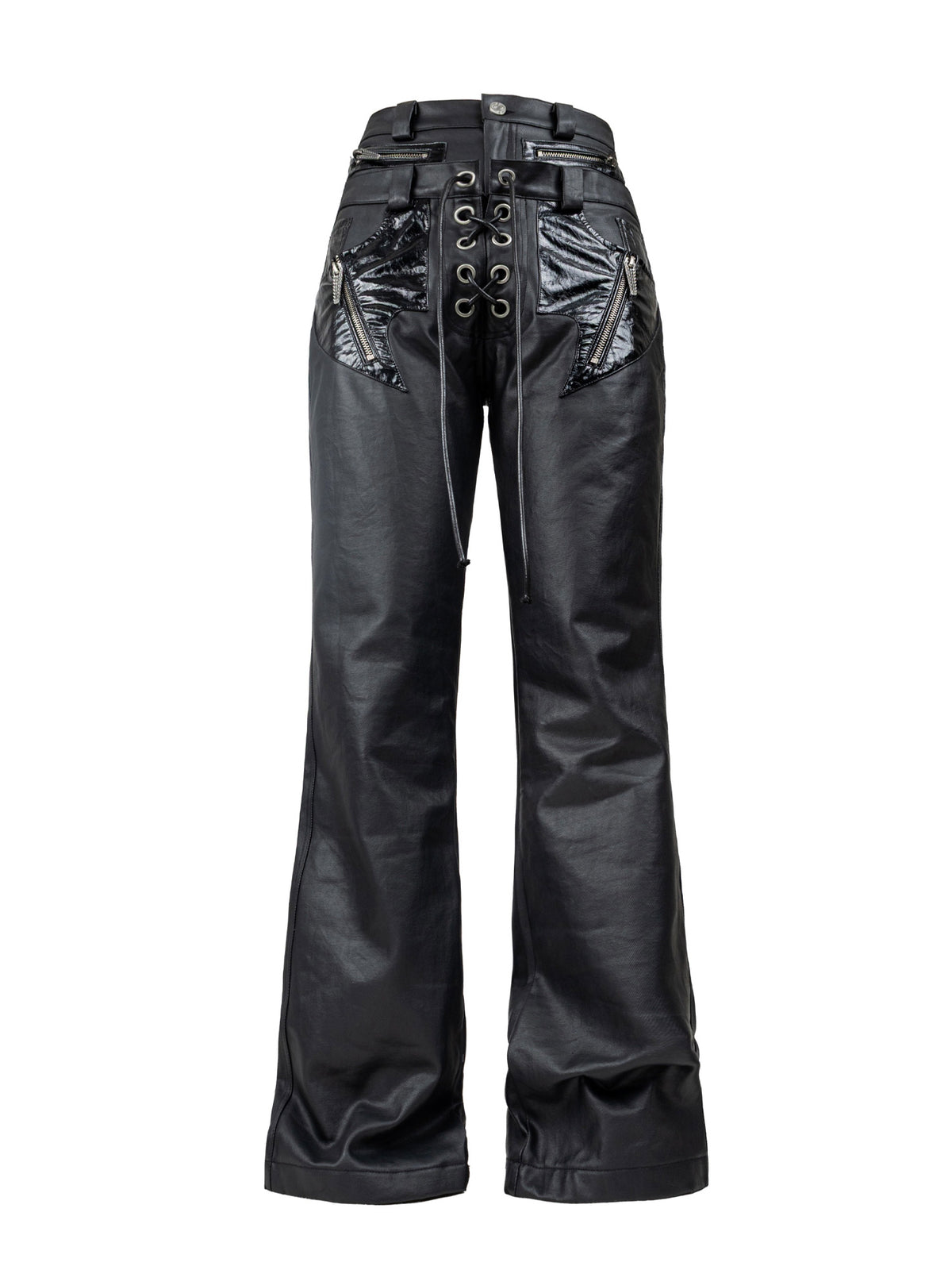 Coated Leather‑Paneled Multi‑Zip Straight‑Leg Jeans