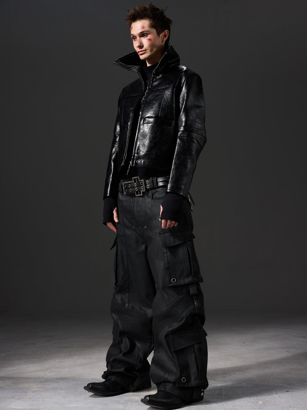 Waxed Structured Pocket‑Detailed Cargo Jeans