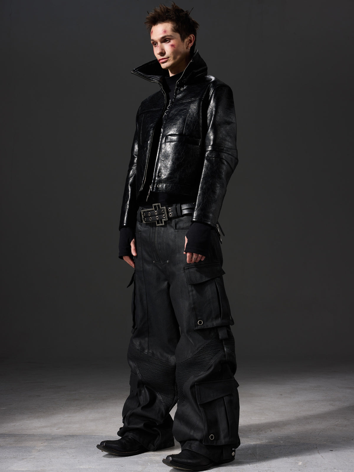 Waxed Structured Pocket‑Detailed Cargo Jeans