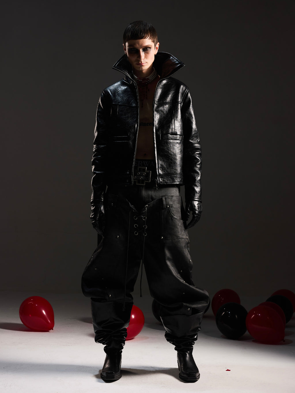 Crackled‑Finish Stand‑Collar Asymmetric‑Cut PU Faux Leather Jacket