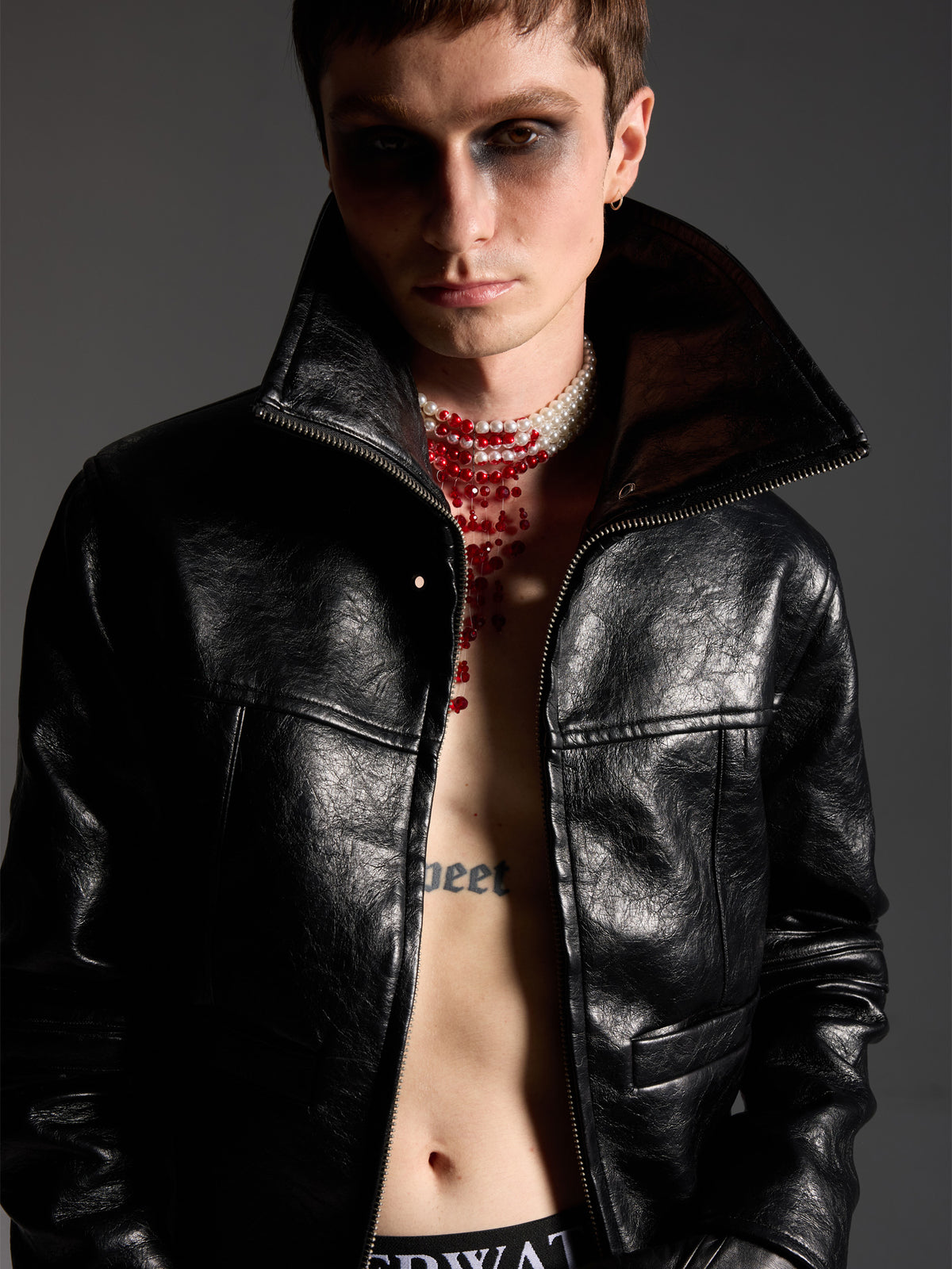 Crackled‑Finish Stand‑Collar Asymmetric‑Cut PU Faux Leather Jacket